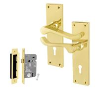 EAI Polished Brass Door Handles with Sash Lock 64mm - Victorian Scroll