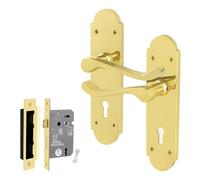 EAI Polished Brass Door Handles with Sash Lock 64mm - Victorian Scroll
