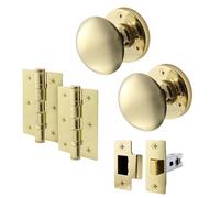EAI Polished Brass Door Knob Set - 1 Pair of Victorian Mortice Knobs (55mm), Latch (76mm) & Hinges (76mm) for Internal Doors
