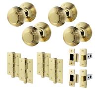 EAI Polished Brass Door Knobs with Latch 76mm and Hinges, 2 Pack - Beehive