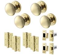 EAI Polished Brass Door Knobs with Latch 76mm, Hinges, 2 Pack - Victorian