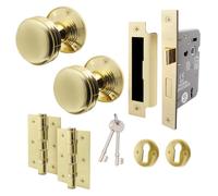 EAI Polished Brass Door Knobs with Sash Lock 80mm and Hinges - Lined | Complete Sash Lock Kit with 1 Pair of Lined Mortice 55mm Door Knobs, 80mm Sash Lock, 76mm Hinges, Fixings Included