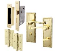 EAI Polished Brass Georgian Scroll Bathroom Door Handle Set - 1 Pairs Internal Lever Handles, Hinges (76mm) & Locks (80mm)- Rope Design