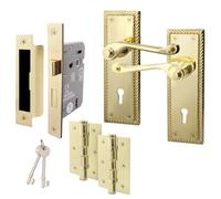 EAI Polished Brass Georgian Scroll Door Handle Key Lock Set - 1 Pair Internal Handles, Hinges, Lock (80mm) & Keys - Rope Design