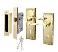 EAI Polished Brass Georgian Scroll Door Handle with Lock Set - 1 Pair Internal Lever Handles and Keys - Rope Design 64mm