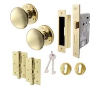 EAI Polished Brass Key Lock Door Knob Set - 1 Pair of Victorian Mortice Knobs (55mm), Sash Lock (80mm) & Hinges (76mm)