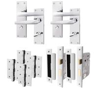 EAI Polished Chrome Bathroom Door Handle Set | 2 Pairs Bathroom Handles on Backplate with Lock 64mm & Hinges 76mm | Straight Pattern