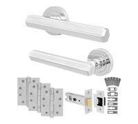 EAI Polished Chrome Door Handles Fir with Latch and Hinges, 1 Pack | Complete Fir Latch Kit: 1 Pair of Door Handles, 76mm Latch, 102mm Hinges, Intumescents, Fixings Included