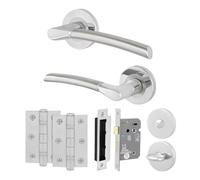 EAI Polished Chrome Door Handles with Bathroom Lock 64mm, Hinges - Bova | Complete Bathroom Kit with 1 Pair of Round Rose Door Handles, 64mm Lock, 76mm Hinges and Thumb Turn Set, Fixings Included
