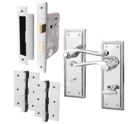EAI Polished Chrome Georgian Scroll Bathroom Door Handle Set - 1 Pair Internal Lever Handles, Hinges & Lock (64mm) - Rope Design