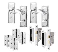 EAI Polished Chrome Georgian Scroll Bathroom Door Handle Set - 2 Pairs Internal Lever Handles, Hinges & Locks 64mm - Rope Design