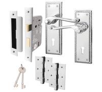 EAI Polished Chrome Georgian Scroll Door Handle Key Lock Set - 1 Pair Internal Handles, Hinges, Lock (64mm) & Keys - Rope Design
