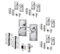 EAI Polished Chrome Georgian Scroll Door Handle Latch Set - 5 Pairs Internal Handles, Hinges (76mm) & Latch (64mm) - Rope Design