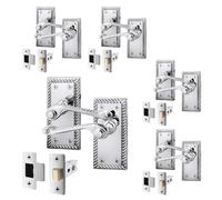 EAI Polished Chrome Georgian Scroll Door Handle Latch Set - 5 Pairs Internal Lever Latch Handles & Latch (64mm) - Rope Design