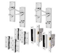 EAI Polished Chrome Victorian Scroll Bathroom Door Handle Set | 2 Pairs of Internal Lever Handles on Backplate with Hinges (76mm) & Locks (64mm)