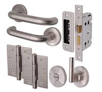 EAI Return to Door Lever on Rose Handle Bathroom Lock Kit - 4 inch Hinges - Satin Stainless Steel