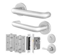 EAI Return to Door Lever on Rose Handles Bathroom Lock 80mm, Hinge Kit, Satin Aluminium 19mm Diameter Handle, 52mm Rose