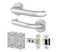 EAI Return to Door Lever on Rose Handles Latch 64mm, Hinge Kit, Satin Aluminium 19mm Diameter Handles, 52mm Rose
