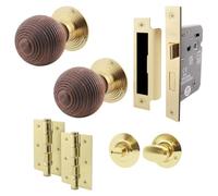 EAI Rosewood Bathroom Door Knob Set | 1 Pair of Mortice Knobs (55mm), Lock (80mm) & Hinges (76mm) for Internal Doors
