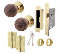 EAI Rosewood Key Lock Door Knob Set | 1 Pair of Mortice Knobs (55mm), Sash Lock (80mm) & Hinges (76mm) for Internal Doors