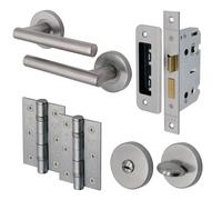 EAI Round Bathroom Lock Set - Satin Nickel | Thumb Turn & Release, Mortice Lock, Handles, & Hinges (102mm) | Office, Bedroom, Closet & Bathroom Lever on Rose | Universal, Lockable Interior Handles