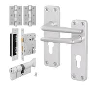 EAI Satin Aluminium Door Handles, Euro Cylinder Lock and Hinges Kit, Euro Handle on Backplate Contract Style Satin - 154x41mm