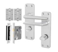 EAI Satin Aluminium Door Handles, Lock 64mm and Hinges Kit, Bathroom Handle on Backplate Contract Style Satin - 154x41mm