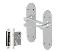 EAI Satin Bathroom Door Handle Set, 1 Pair Internal Satin Chrome Victorian Scroll Shaped Backplate Handle and Lock 64mm