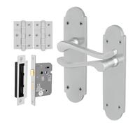 EAI Satin Bathroom Door Handle Set, 1 Pair Internal Satin Chrome Victorian Scroll Shaped Backplate, Hinges and Lock 64mm