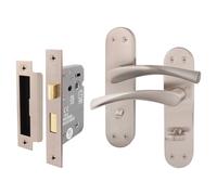 EAI Satin Bathroom Door Handle Set - 1 Pair Satin Nickel Bathroom Handles on Backplate with Lock (64mm) - Novoli Range