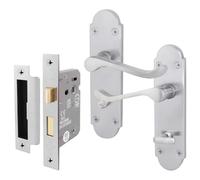 EAI Satin Bathroom Door Handle Set - Victorian Scroll Shaped | 1 Pair of Internal Satin Chrome Lever Handles on Backplate with Lock (64mm)