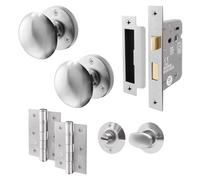 EAI Satin Bathroom Door Knob Set - 1 Pair of Satin Chrome Victorian Mortice Knobs (55mm), Lock (80mm) & Hinges (76mm)