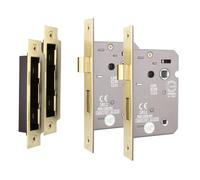 EAI Satin Brass Bathroom Lock, 64mm / 2.5 Inch, Fir Pack of 2 | Mortice Lock for Internal Doors with 44mm Backset, 30/60 Minute Fire Tested, Adjustable Keep, Dust Box and Fixings Included