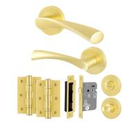 EAI Satin Brass Door Handle Bathroom Set, 1 Pair of Internal Round Rose Satin Brass Door Handles, Lock 64mm, Hinges 76mm - Novoli Range