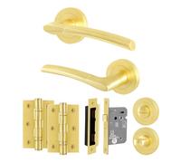 EAI Satin Brass Door Handle Bathroom Set, 1 Pair of Internal Round Rose Satin Brass Door Handles, Lock 64mm, Hinges 76mm - Bova Range