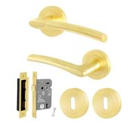 EAI Satin Brass Door Handle Key Lock Set, 1 Pair of Internal Round Rose Satin Brass Door Handles and Sashlock 64mm - Bova Range
