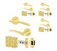 EAI Satin Brass Door Handle Latch Set, 4 Pairs of Internal Round Rose Satin Brass Door Handles, Latch 64mm, Hinges 76mm - Bova Range