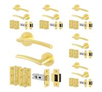 EAI Satin Brass Door Handle Latch Set, 6 Pairs of Internal Round Rose Satin Brass Door Handles, Latch 64mm, Hinges 76mm - Bova Range