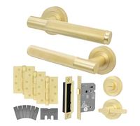 EAI Satin Brass Door Handles Fir with Bathroom Lock 80mm - Varri | Complete Fir Bathroom Kit: 1 Pair of Door Handles, 80mm Lock, 102mm Hinges, Thumb Turn, Intumescents, Fixings Included