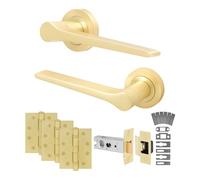 EAI Satin Brass Door Handles Fir with Latch, 1 Pack - Tarna | Complete Fir Latch Kit: 1 Pair of Door Handles, 76mm Latch, 102mm Hinges, Intumescents, Fixings Included