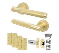 EAI Satin Brass Door Handles Fir with Latch, 1 Pack - Varri | Complete Fir Latch Kit: 1 Pair of Door Handles, 76mm Latch, 102mm Hinges, Intumescents, Fixings Included