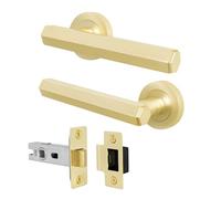 EAI Satin Brass Door Handles with Latch, 1 Pack - Madre | Complete Latch Kit with 1 Pair of Door Handles, 64mm Latch, Fixings Included