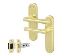 EAI Satin Brass Door Handles with Latch 64mm - Oliena | Complete Latch Kit with 1 Pair of T-Bar Lever on Backplate Door Handles, 64mm Latch, Fixings Included