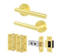 EAI Satin Brass Door Handles with Latch and Hinges, 1 Pack - Oliena | Complete Latch Kit with 1 Pair of T-Bar Door Handles, 64mm Latch, 76mm Hinges, Fixings Included