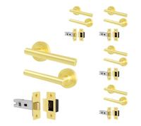 EAI Satin Brass Door Handles with Latches, 5 Pack - Oliena | Complete Latch Kit with 5 Pairs of T-Bar Door Handles, 64mm Latches, Fixings Included