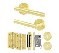 EAI Satin Brass Door Handles with Sash Lock 64mm, Hinges - Oliena | Complete Key Lock Kit with 1 Pair of T-Bar Door Handles, 64mm Sashlock, 76mm Hinges and Escutcheons, Fixings Included