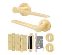 EAI Satin Brass Door Handles with Sash Lock 64mm, Hinges - Tarna | Complete Key Lock Kit with 1 Pair of Door Handles, 64mm Sashlock, 76mm Hinges and Escutcheons, Fixings Included
