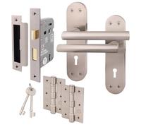 EAI Satin Door Handle Key Lock Set | 1 Pair of Satin Nickel Internal T-Bar Handles on Backplate with Hinges (76mm), Sash Lock (64mm) & Keys | Oliena Range