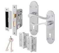 EAI Satin Door Handle & Key Set - Victorian Scroll Shaped Pair of Internal Satin Chrome Lever Lock Handles on Backplate with Hinges (76mm), Sash Lock (80mm) & Keys