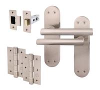 EAI Satin Door Handle Latch Set | 1 Pair of Satin Nickel Internal T-Bar Handles on Backplate with Hinges (76mm) & Latch (64mm) | Oliena Range